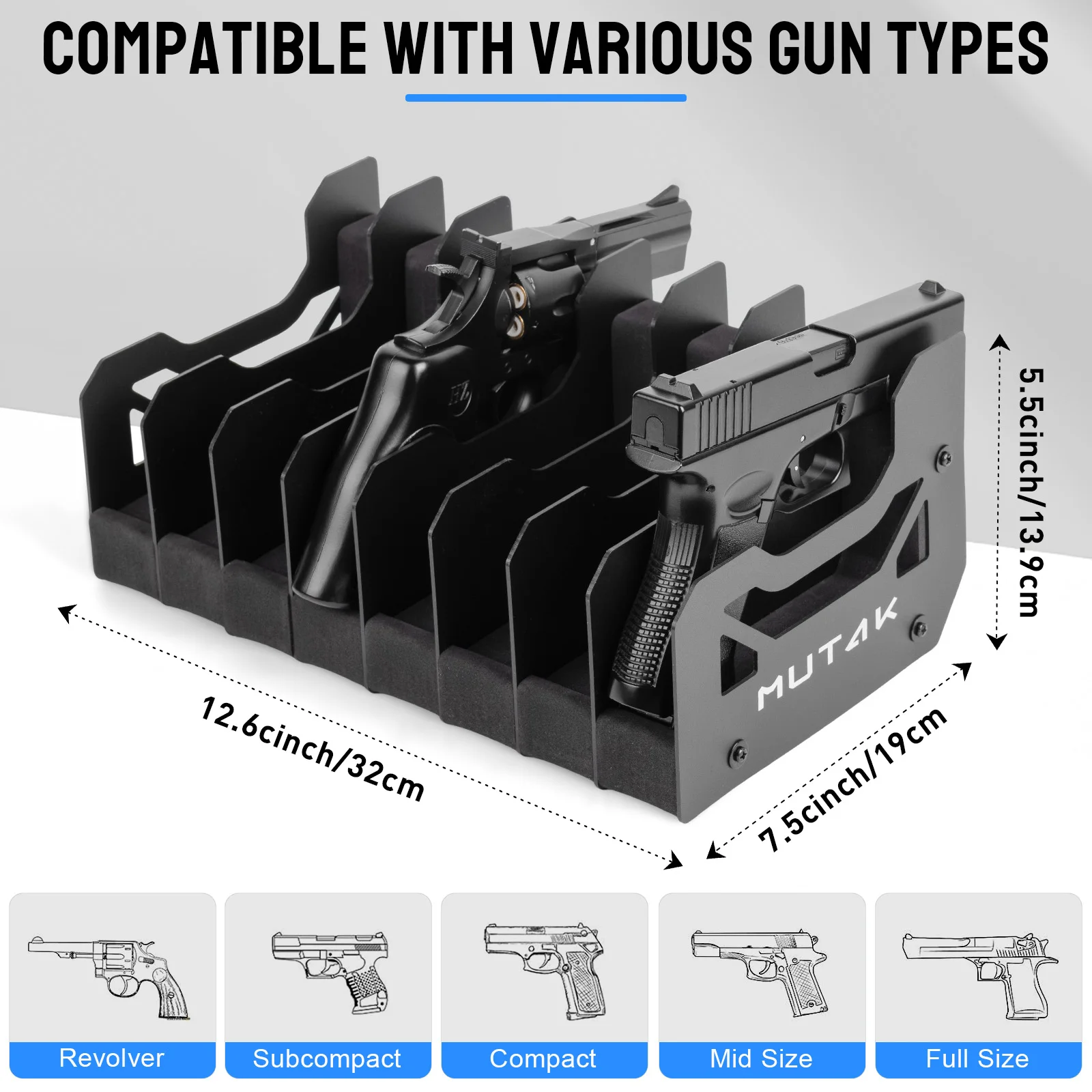 4/6/8 Slot Foam Pistol Rack for Gun Safe,Handgun Rack with Anti-slip Magnetic Strip,Firearm Revolver Storage Pistols Holder