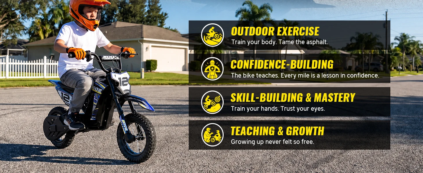 KOOZ HP122E Kids Electric Dirt Bike 36V 750W Peak Power Motorcycle For 4-8 Years UL2272 SGS Certified Max 15.5MPH 3 Speed Modes 14Miles Range Shock Absorber Rear Brake Kids Gift