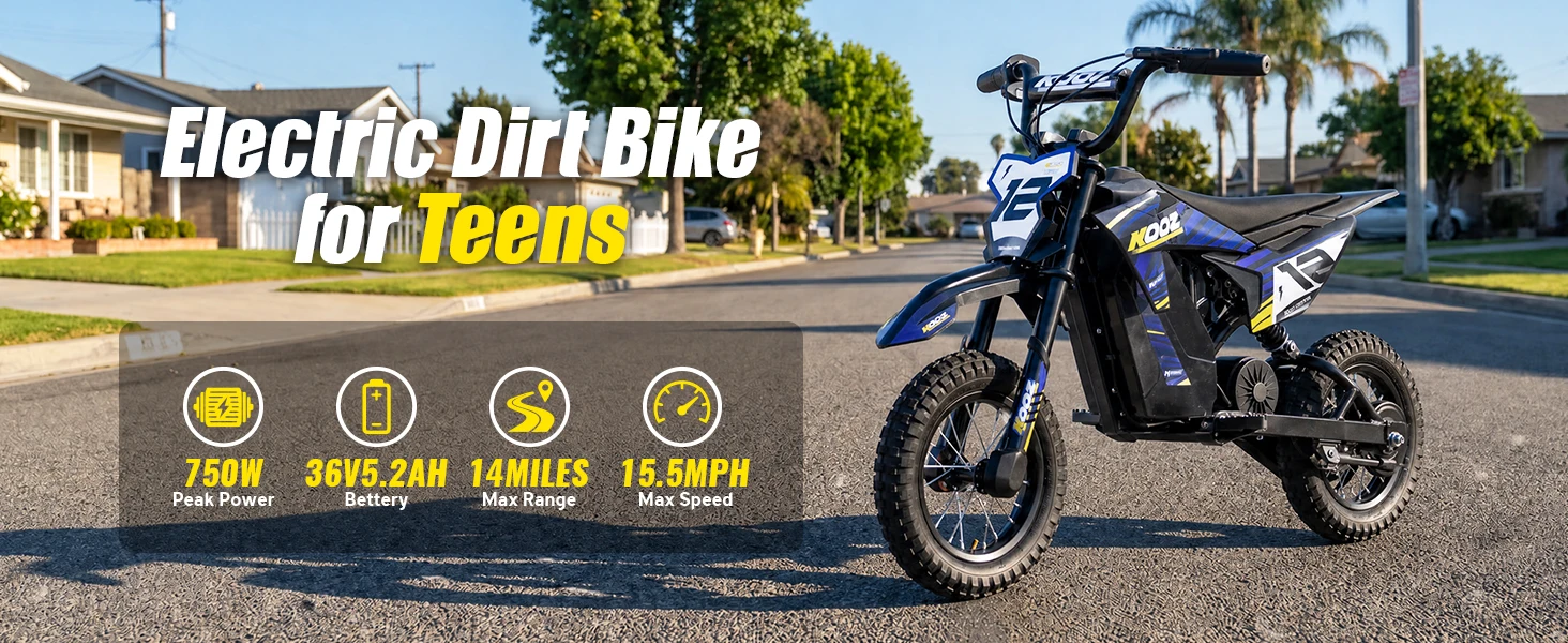 KOOZ HP122E Kids Electric Dirt Bike 36V 750W Peak Power Motorcycle For 4-8 Years UL2272 SGS Certified Max 15.5MPH 3 Speed Modes 14Miles Range Shock Absorber Rear Brake Kids Gift