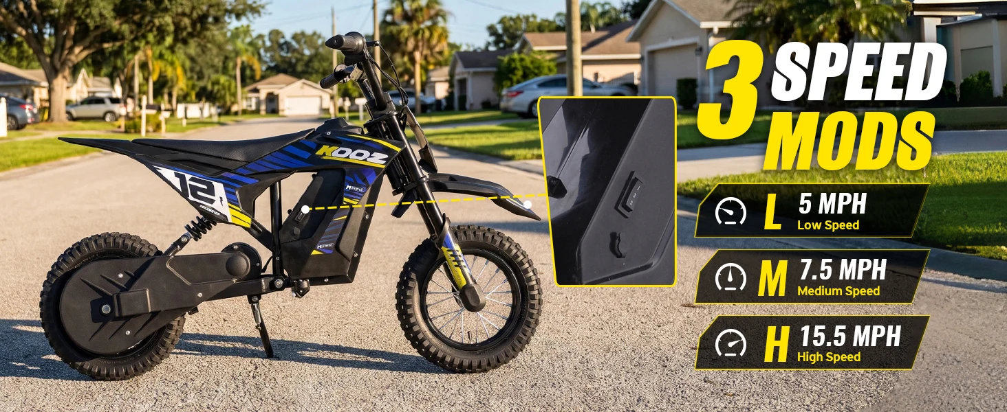 KOOZ HP122E Kids Electric Dirt Bike 36V 750W Peak Power Motorcycle For 4-8 Years UL2272 SGS Certified Max 15.5MPH 3 Speed Modes 14Miles Range Shock Absorber Rear Brake Kids Gift