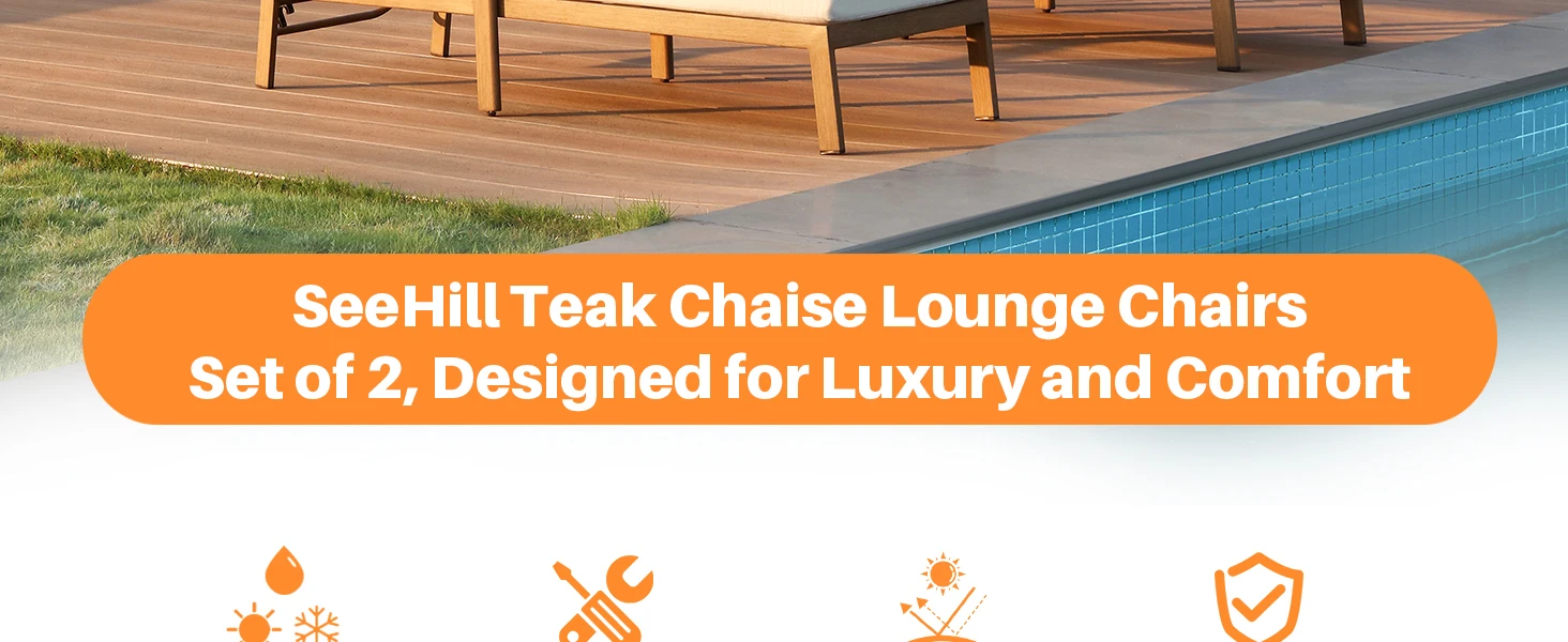 SeeHill 2-Pack Teak Aluminum Pool Chaise Lounge Chairs with Cushions, Adjustable Patio Loungers for Beach, Yard or Poolside