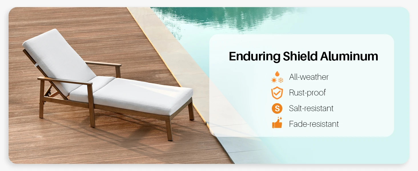 SeeHill 2-Pack Teak Aluminum Pool Chaise Lounge Chairs with Cushions, Adjustable Patio Loungers for Beach, Yard or Poolside