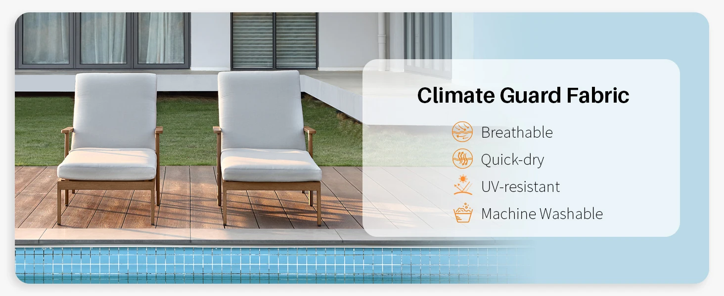 SeeHill 2-Pack Teak Aluminum Pool Chaise Lounge Chairs with Cushions, Adjustable Patio Loungers for Beach, Yard or Poolside