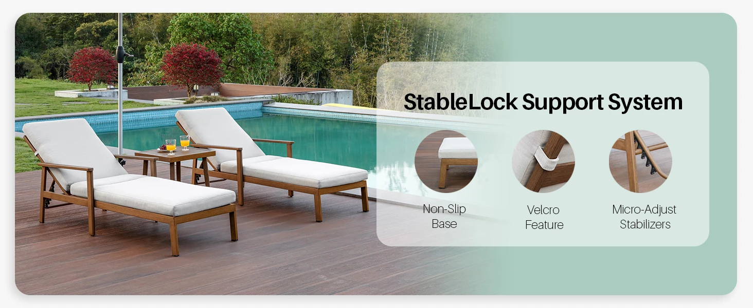 SeeHill 2-Pack Teak Aluminum Pool Chaise Lounge Chairs with Cushions, Adjustable Patio Loungers for Beach, Yard or Poolside