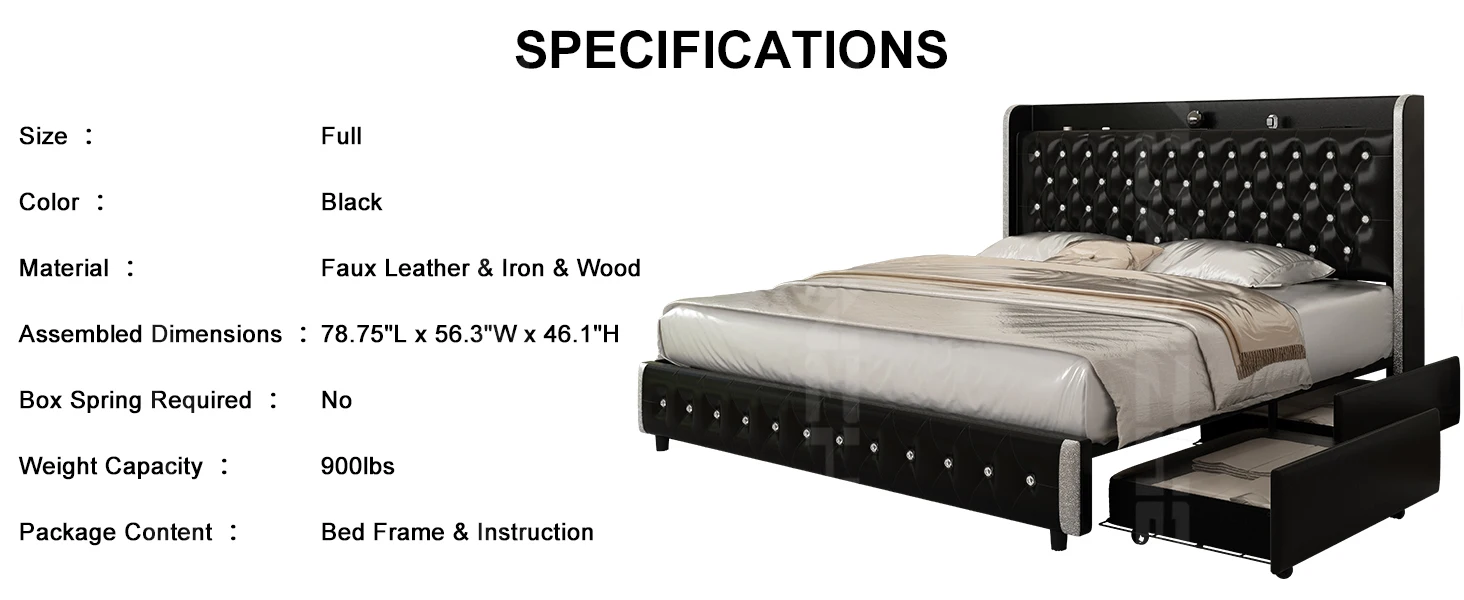 GEGOFORU Queen LED Bed Frame with Galaxy Projector, Bluetooth Speaker, USB Ports, 4 Drawers, No Box Spring Needed, PU Black