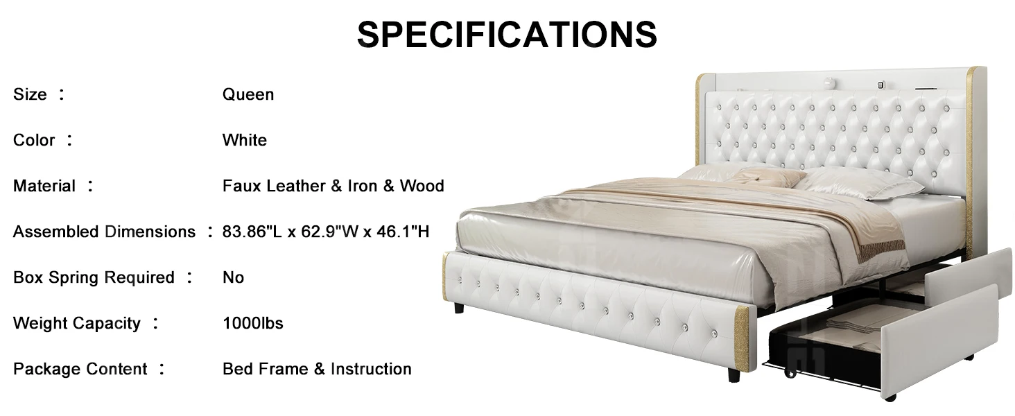 GEGOFORU Queen LED Bed Frame with Galaxy Projector, Bluetooth Speaker, USB Ports, 4 Drawers, No Box Spring Needed, PU Black