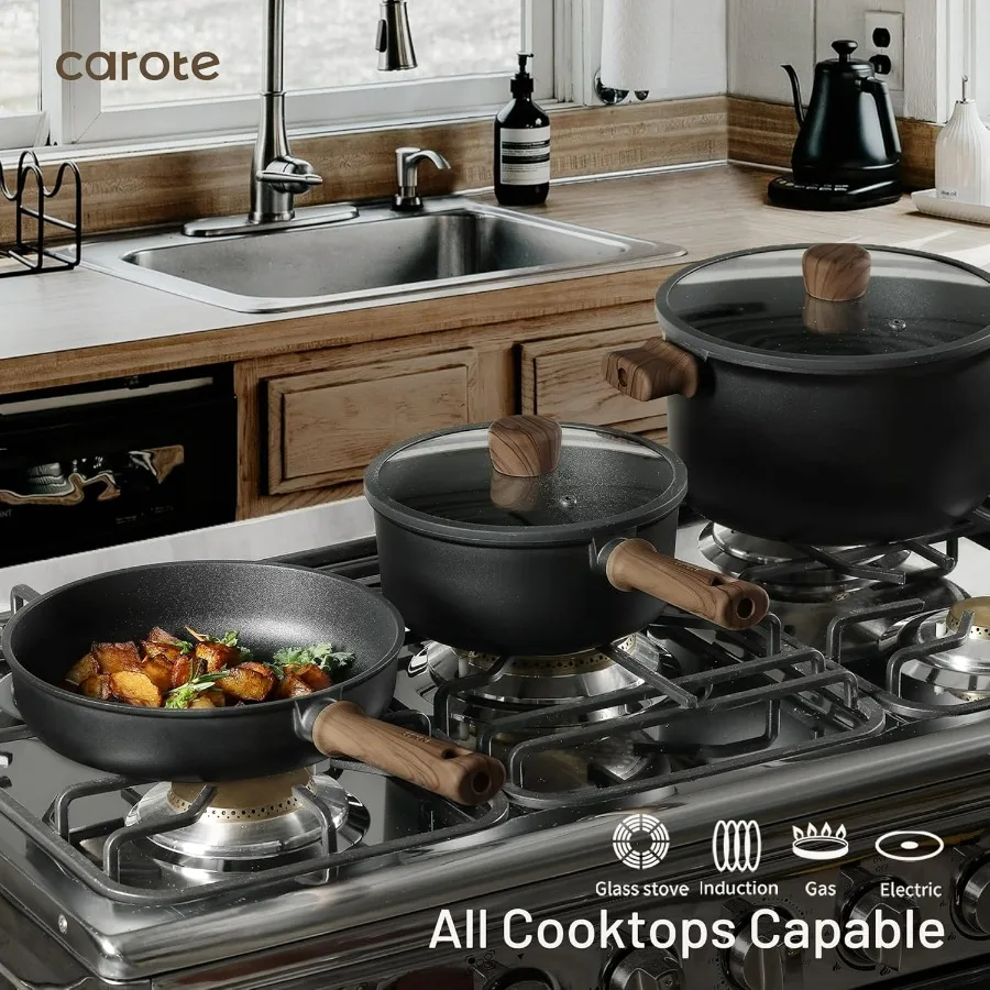 Nonstick Pots and Pans, Induction Cookware Set Kitchen Cooking Sets, Non Stick w/Frying Pan (PFOS, PFOA Free), Black, 16pcs
