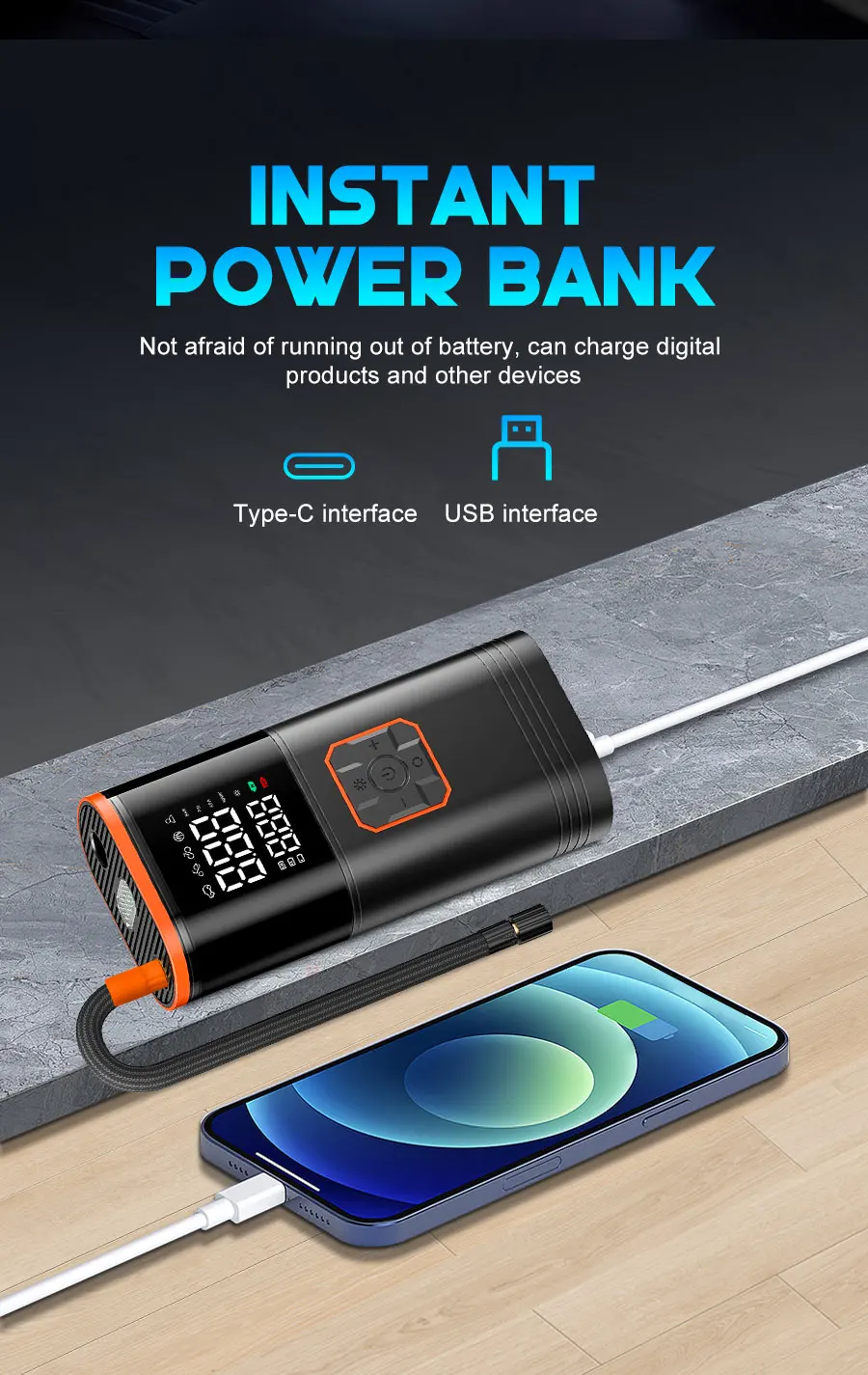 Digital Display Portable Tire Inzzator, USB Rechargeable Air Compressor for Car Bike Motorcycle Tires, Balls, Inflatable Toys