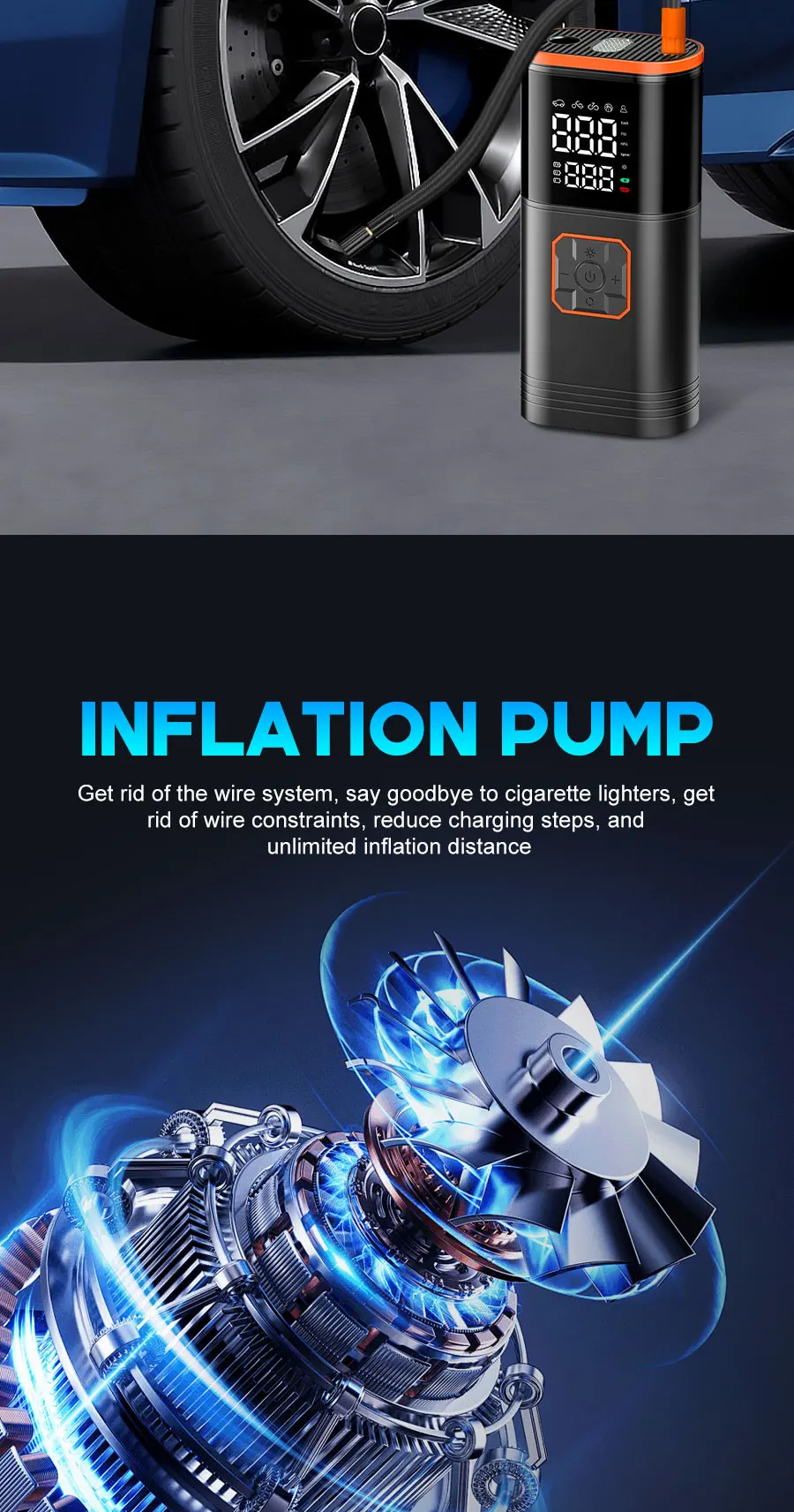 Digital Display Portable Tire Inzzator, USB Rechargeable Air Compressor for Car Bike Motorcycle Tires, Balls, Inflatable Toys