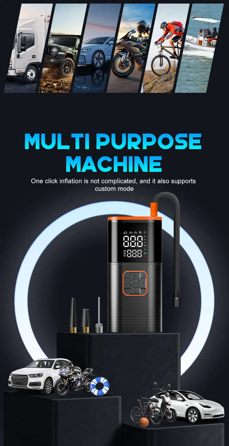 Digital Display Portable Tire Inzzator, USB Rechargeable Air Compressor for Car Bike Motorcycle Tires, Balls, Inflatable Toys