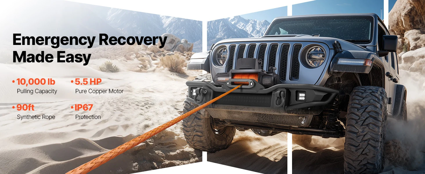 SucceBuy 10000/12000/13500 lbs Electric Winch 12V DC Truck Car Winch with 90 ft Synthetic Rope for Towing Off-Road SUV Jeep