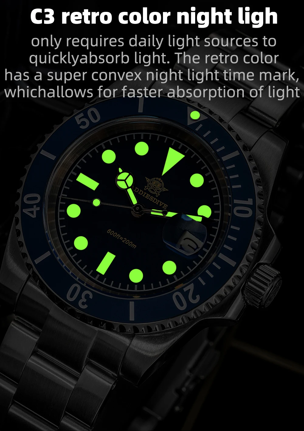 ADDIESDIVE 41mm Men's Quartz Watch 200m Diving Wristwatch C3 Retro Luminous Ceramic Bezel Stylish Men's Analog Watches AD2054