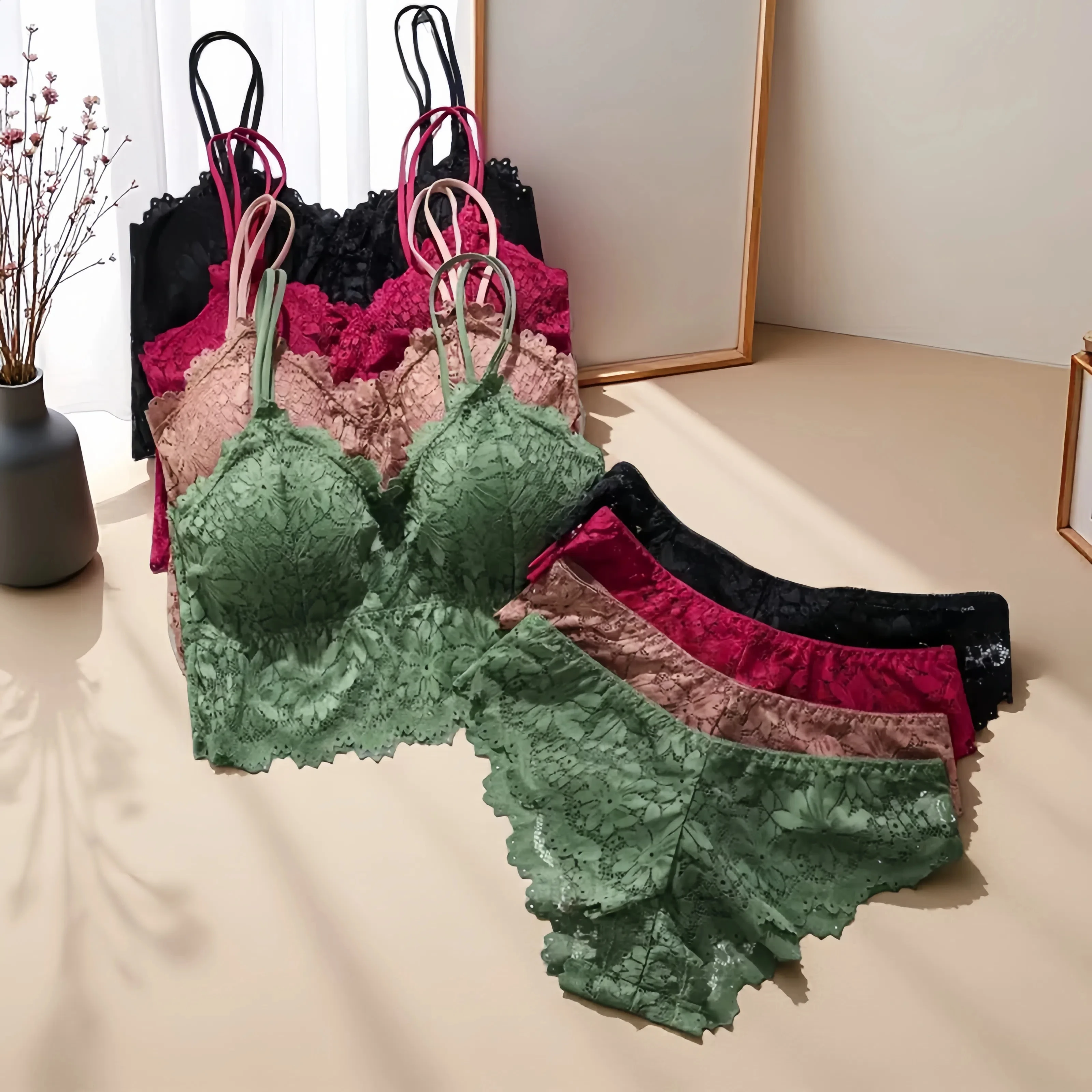 4pcs Women'S Sexy Lace Bra & Panty Set, Breathable & Comfortable, Removable Bra, Stretchy Lingerie Set