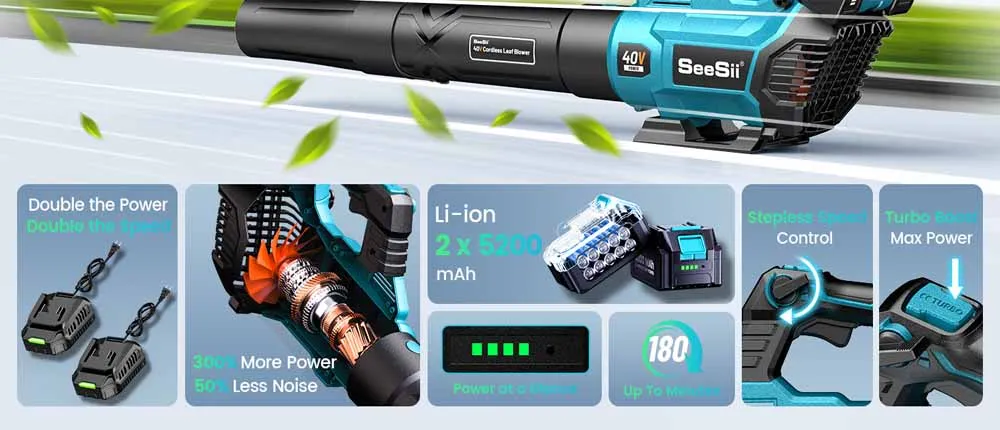 SEESII 40V Brushless Electric Turbo Blower 680CFM Cordless Snow Removal Leaf Blower 20000RPM Dual Battery Work for Lawn Care Debris Dus For Makita 18V Battery Pin