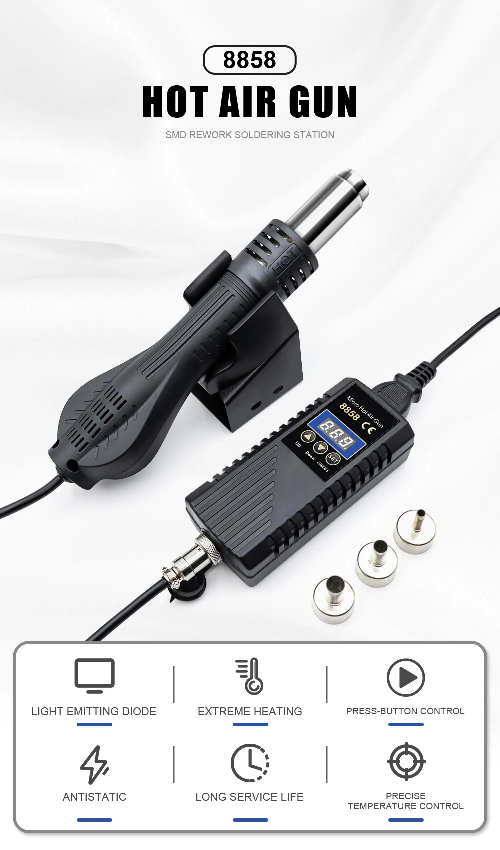JCD 8858 Micro Hot Air Gun 750W Rework Soldering Station LCD Digital Hair Dryer For Soldering 110V Heat Gun Welding Repair Tools