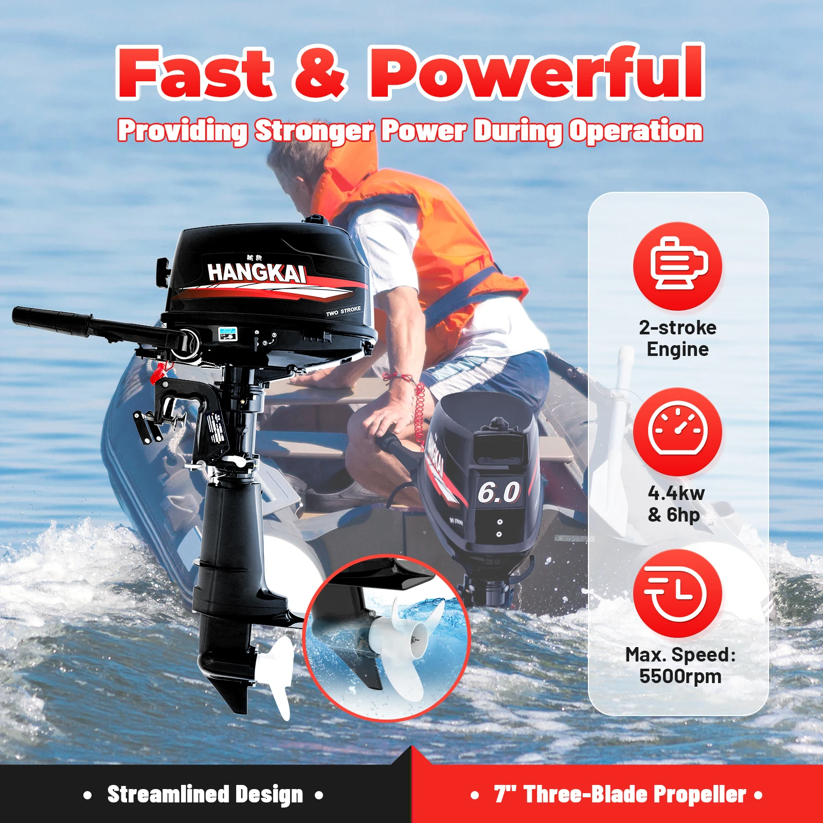 Portable 6HP 2-Stroke Outboard Motor with 360° Steering, Water-Cooled, for Small Boats & Inflatable Boats