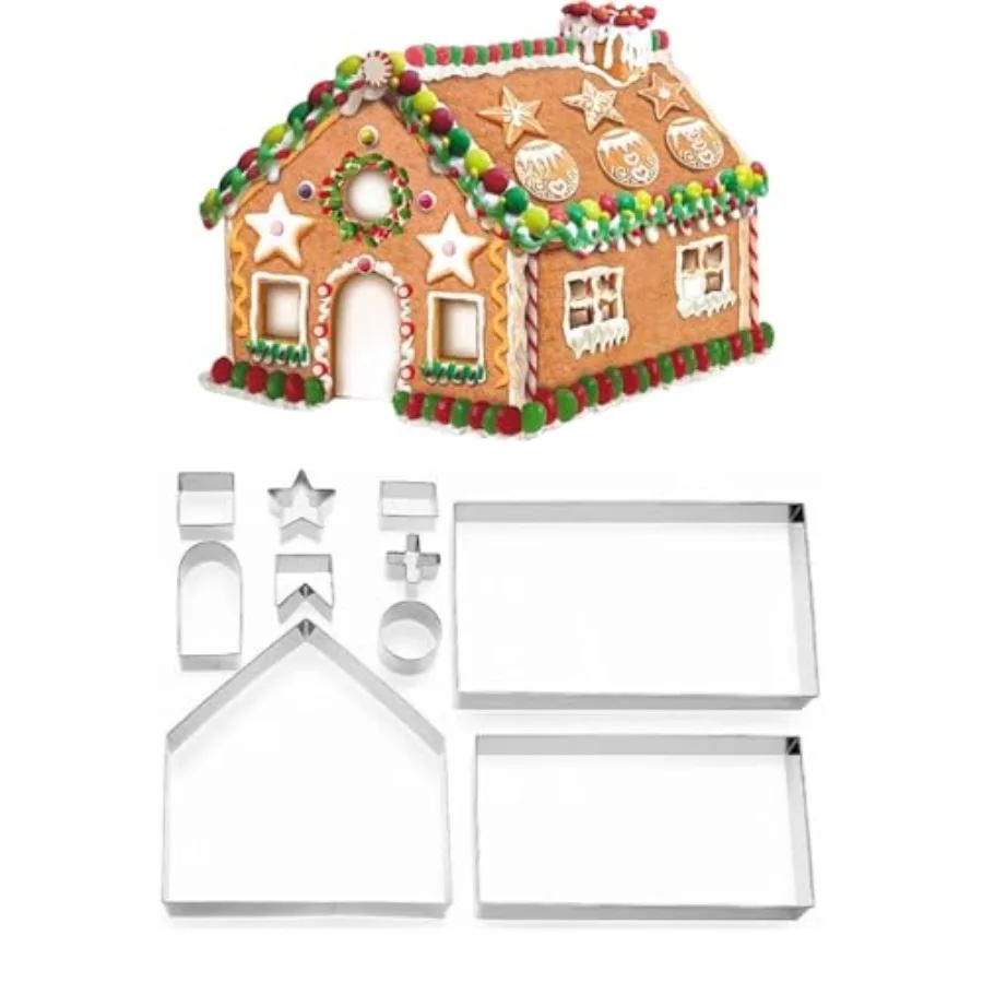 Christmas Cookie Cutter Set 10 PCS Stainless Steel Biscuit Cutters for 3D Gingerbread House Pastry Mold Red and Green
