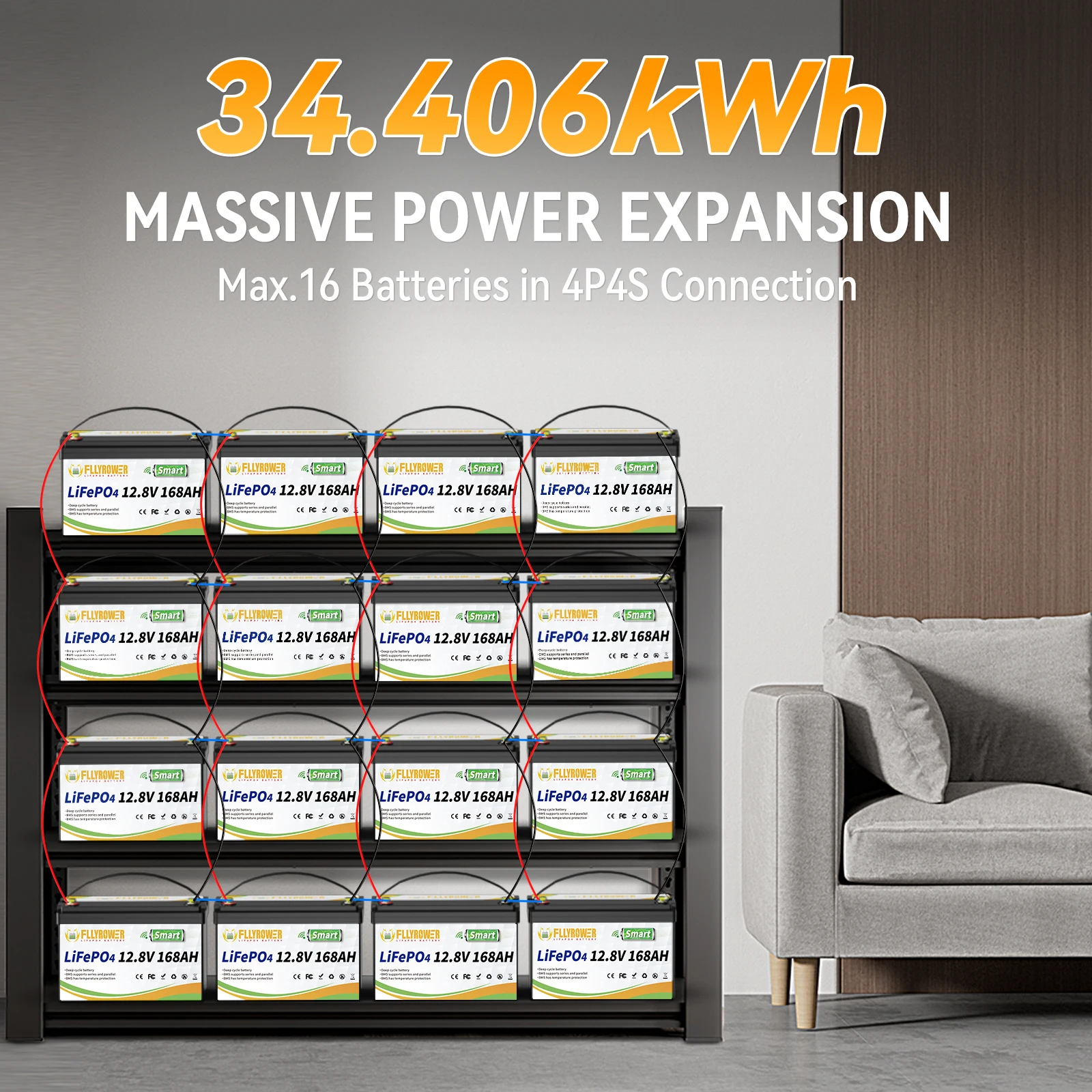 FLLYROWER 12V 168AH LiFePO4 Lithium Battery Pack With Bluetooth BMS 8000+Cycles For Touring Campers Off-Road Solar Wind Battery