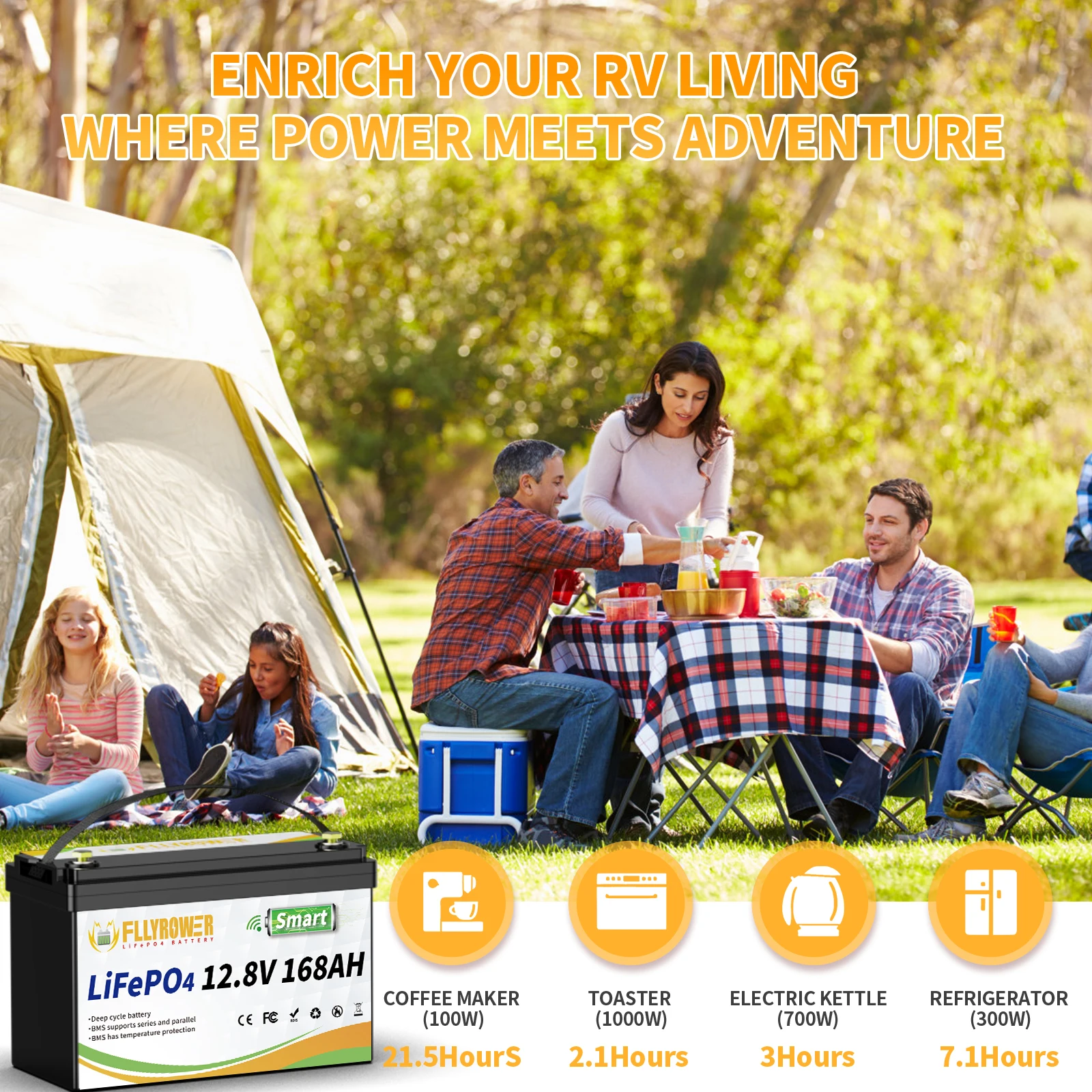 FLLYROWER 12V 168AH LiFePO4 Lithium Battery Pack With Bluetooth BMS 8000+Cycles For Touring Campers Off-Road Solar Wind Battery