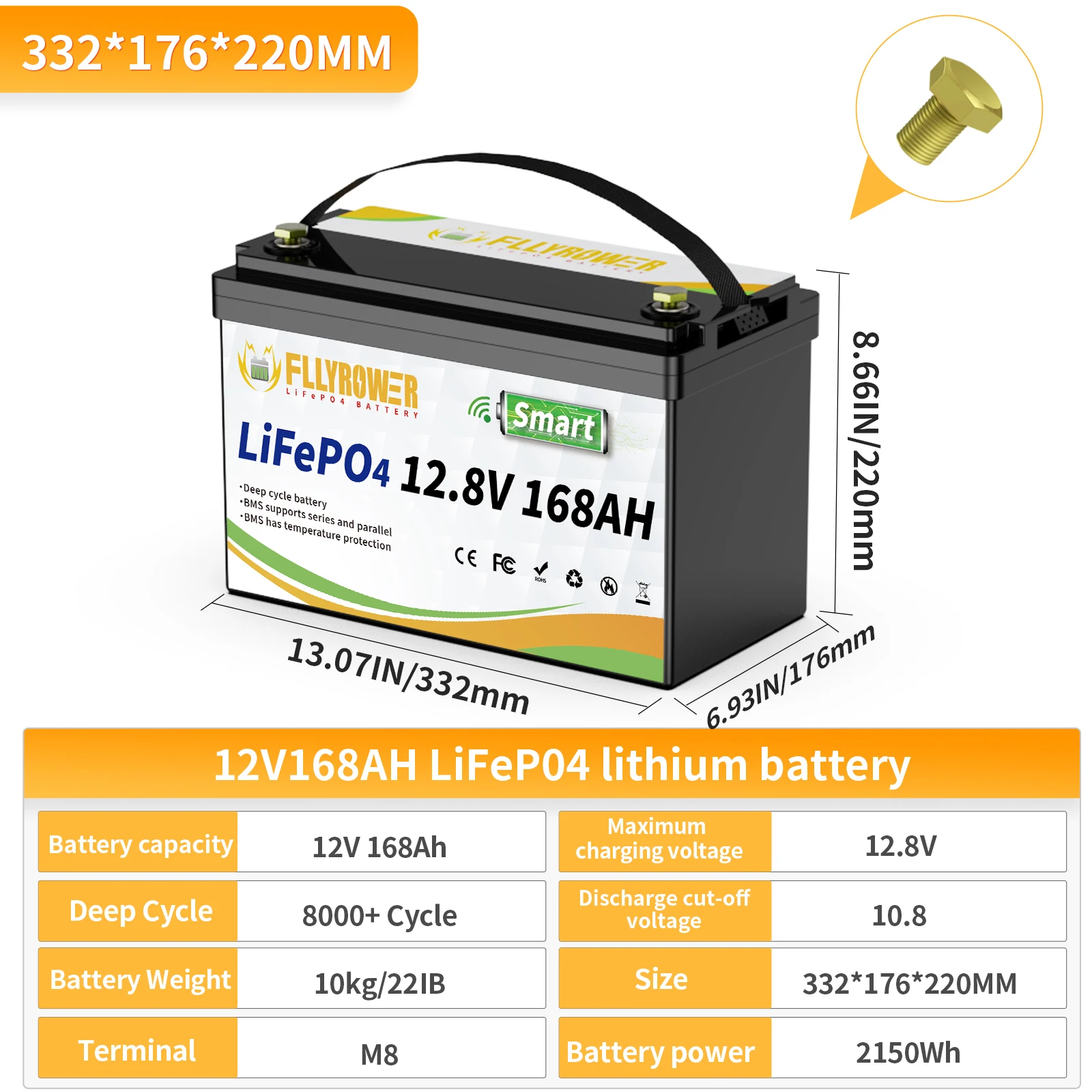 FLLYROWER 12V 168AH LiFePO4 Lithium Battery Pack With Bluetooth BMS 8000+Cycles For Touring Campers Off-Road Solar Wind Battery