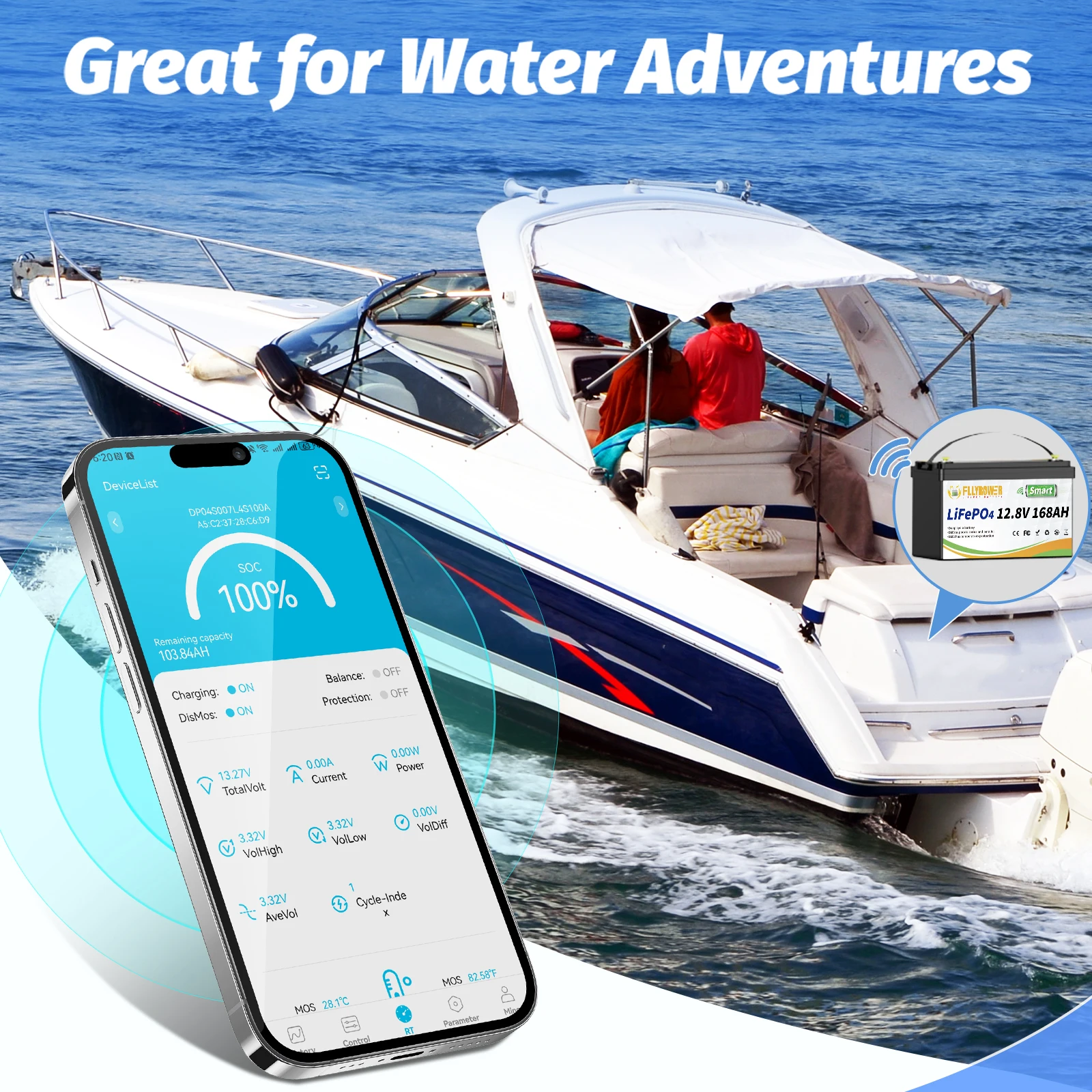 FLLYROWER 12V 168AH LiFePO4 Lithium Battery Pack With Bluetooth BMS 8000+Cycles For Touring Campers Off-Road Solar Wind Battery