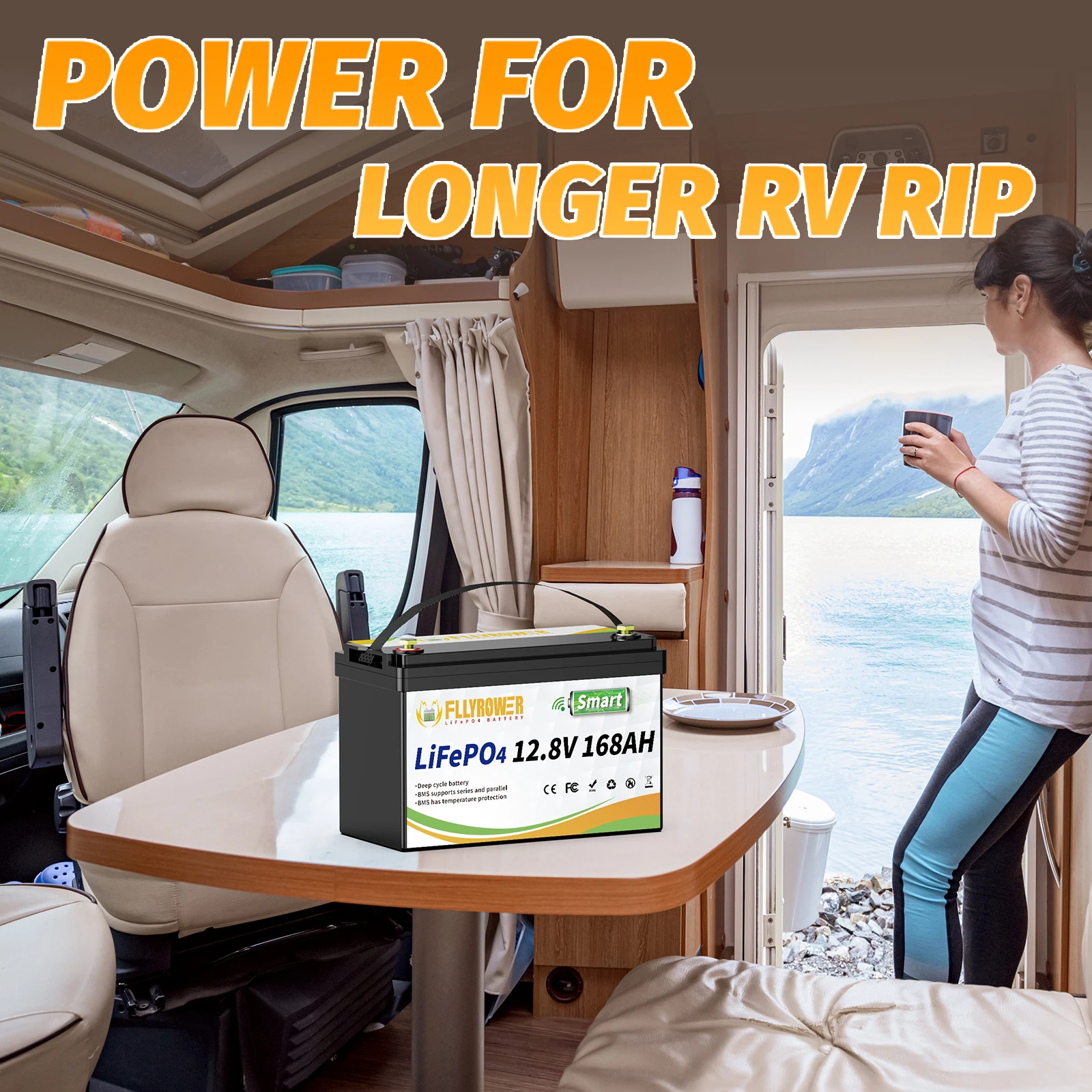 FLLYROWER 12V 168AH LiFePO4 Lithium Battery Pack With Bluetooth BMS 8000+Cycles For Touring Campers Off-Road Solar Wind Battery