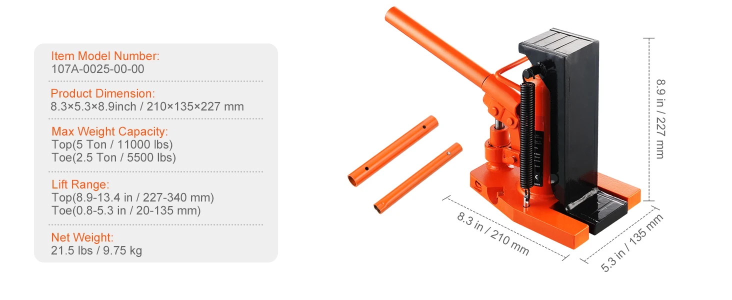 SucceBuy Hydraulic Toe Jack 2.5T Toe Jack Lift 0.8-5.3in Toe Height 8.9-13.4in Top Height, Air Hydraulic Claw Jack for Machinery