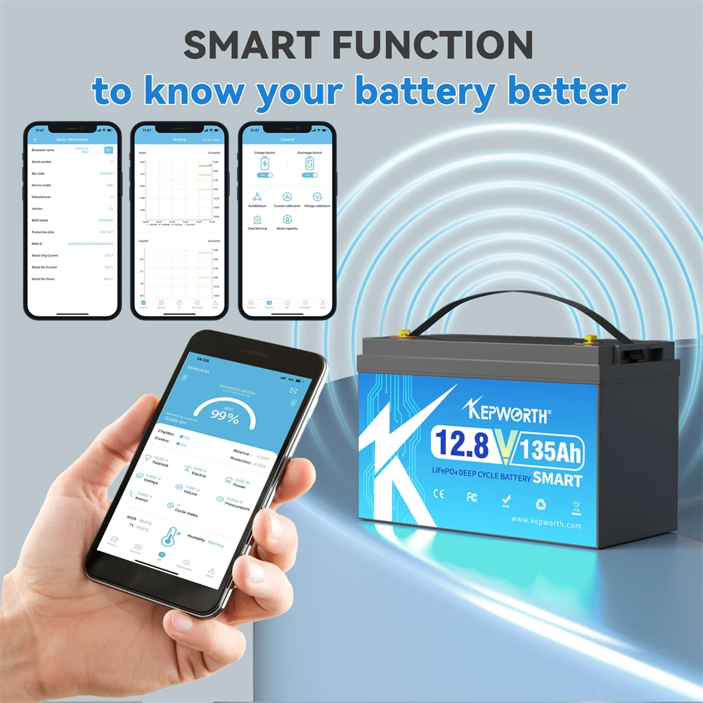 12V 135Ah Lithium Battery With 100A Bluetooth BMS with Low-Temp Protection, Perfect for RV, Solar, Boat, Marine, Trolling Motor