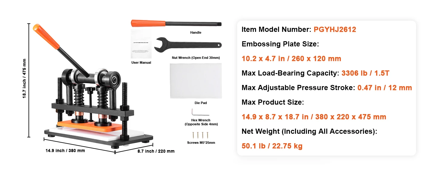 SucceBuy Leather Cutting Machine Embossing Plate Manual Die Cutter 0.47 in Pressure Stroke Leather Embossing Machine