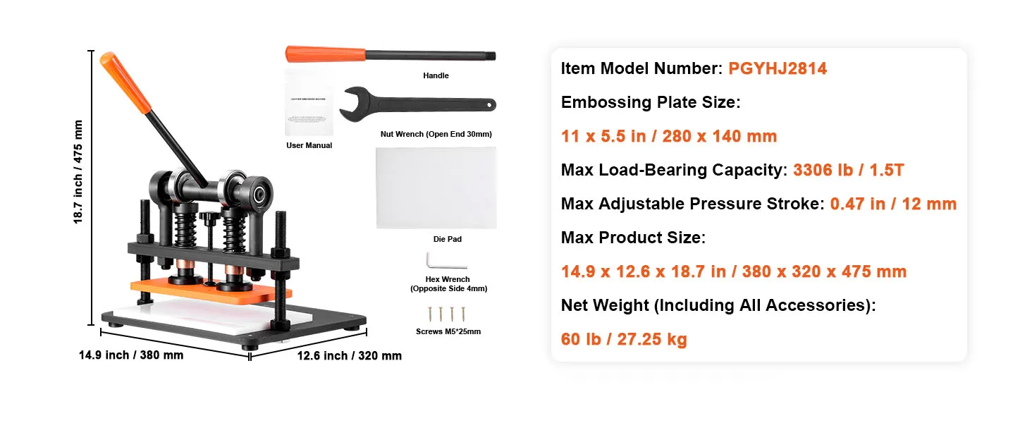 SucceBuy Leather Cutting Machine Embossing Plate Manual Die Cutter 0.47 in Pressure Stroke Leather Embossing Machine