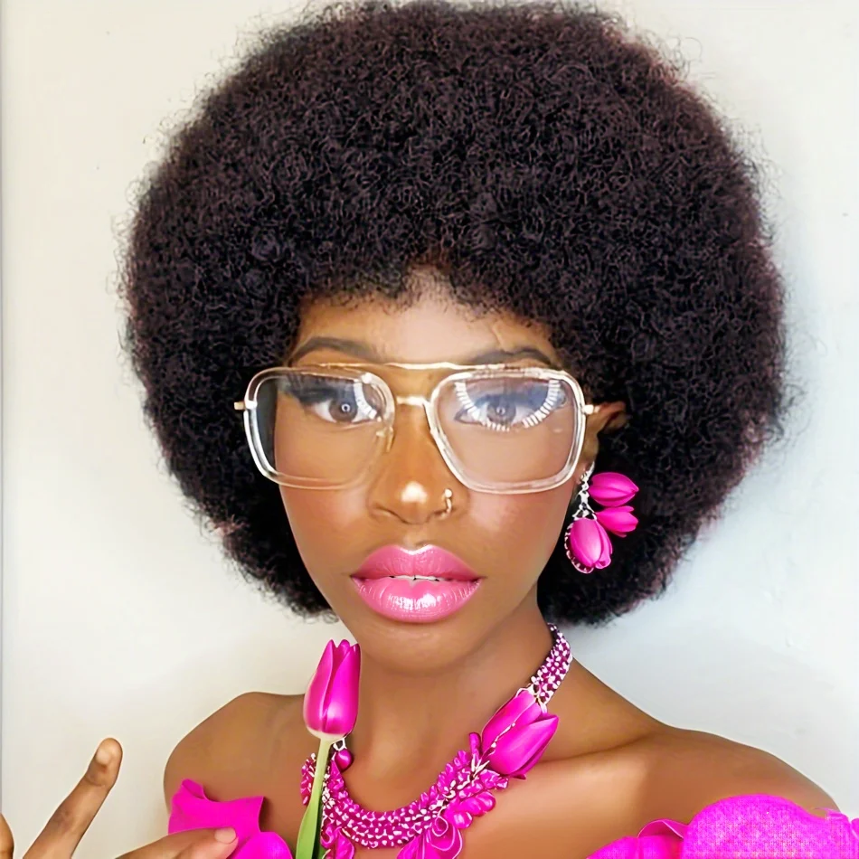 Natural Fluffy Afro Kinky Curly Wigs For Women Afro Remy Brazilian Human Hair Short Human Hair Wig