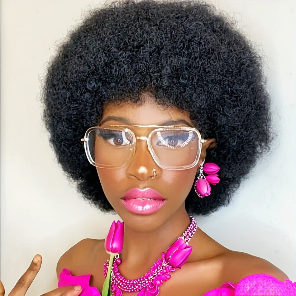 Natural Fluffy Afro Kinky Curly Wigs For Women Afro Remy Brazilian Human Hair Short Human Hair Wig