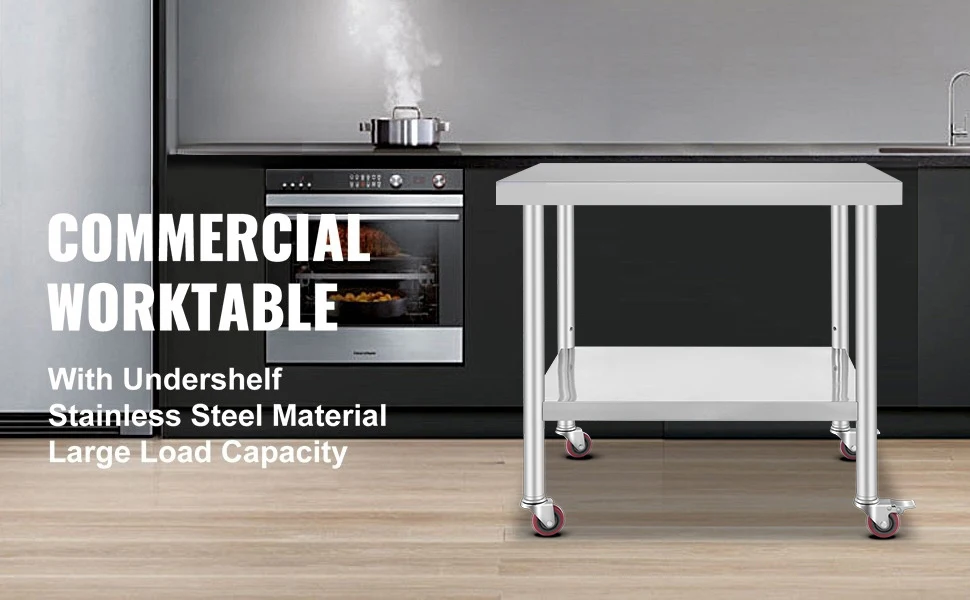 SucceBuy Stainless Steel Kitchen Worktable Shelves Commercial Work Bench Table with Caster Wheels for Home Restaurant Storage