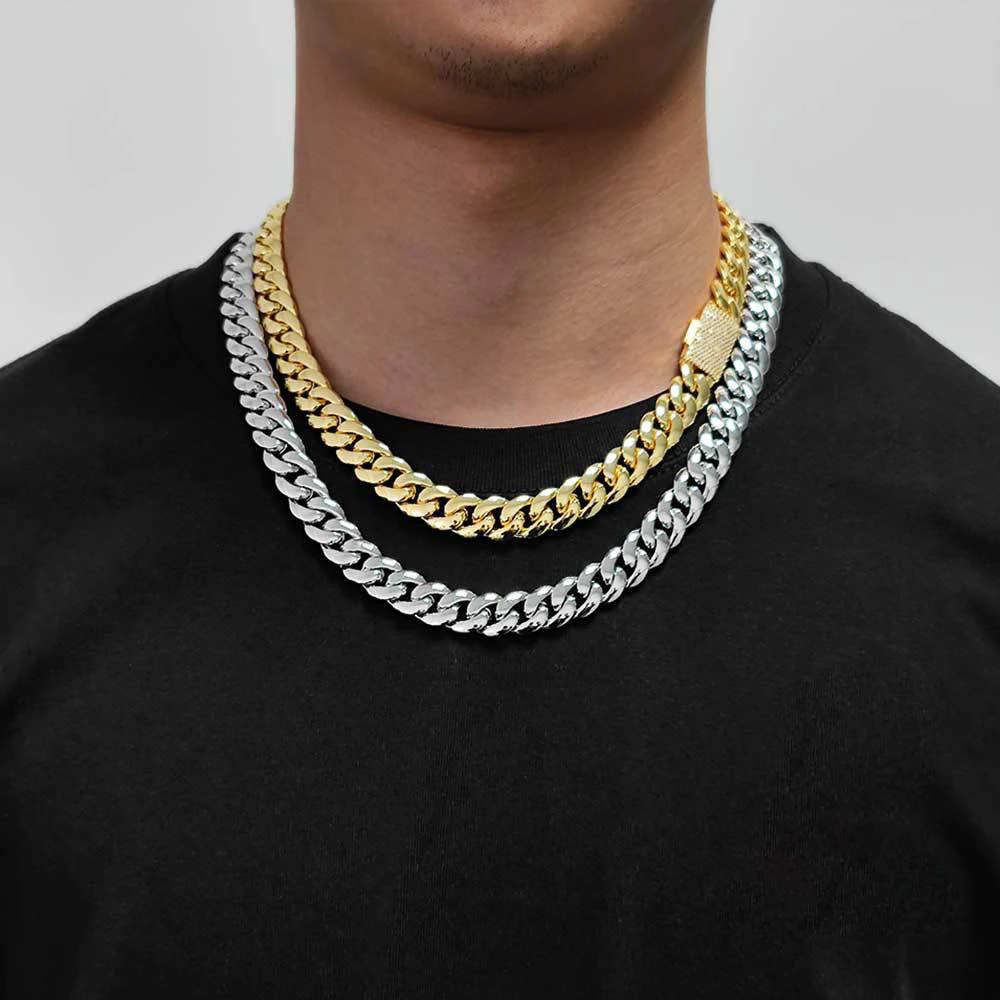 8/10/12/14mm Solid Stainless Steel Cuban Miami Link Chain Necklaces for Men Hip Hop Bling Iced out Rapper Jewelry