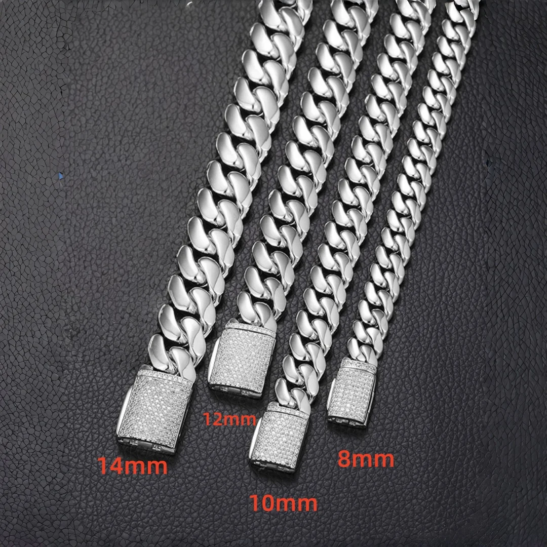 8/10/12/14mm Solid Stainless Steel Cuban Miami Link Chain Necklaces for Men Hip Hop Bling Iced out Rapper Jewelry