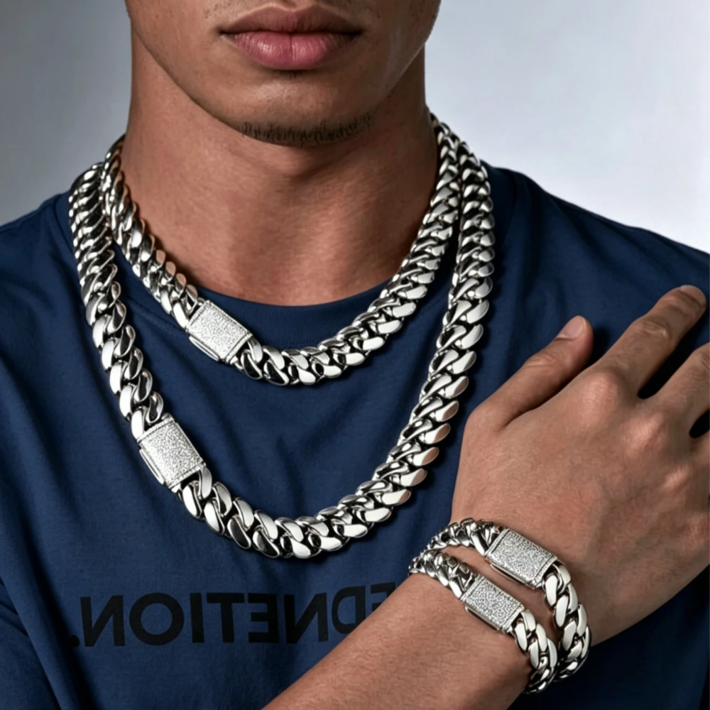 8/10/12/14mm Solid Stainless Steel Cuban Miami Link Chain Necklaces for Men Hip Hop Bling Iced out Rapper Jewelry