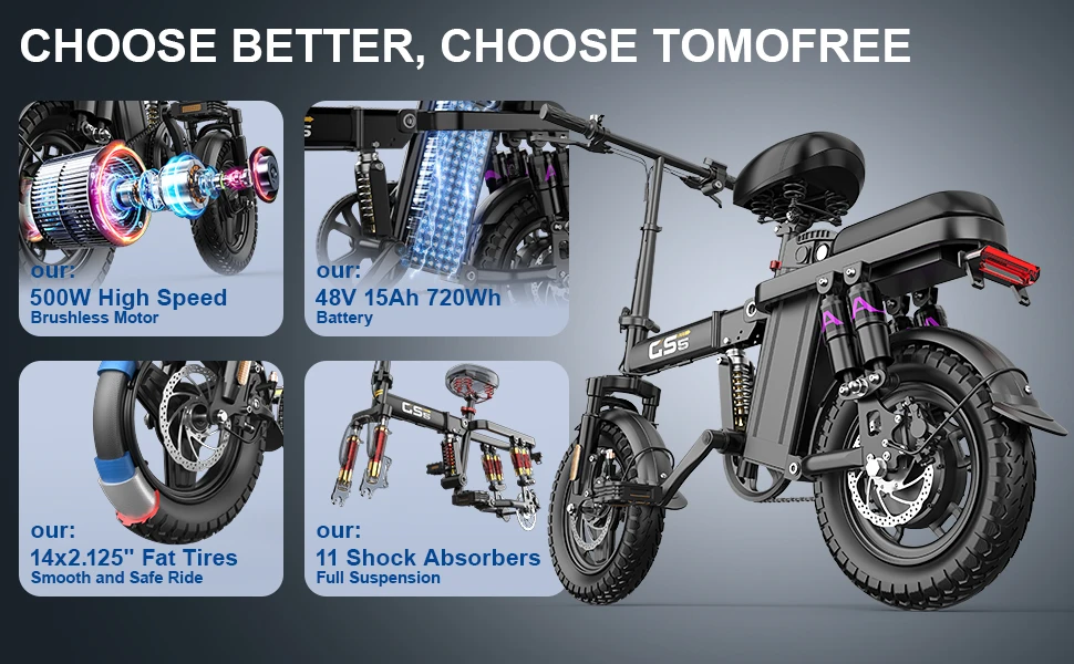UPlee GS5 500W Peak Motor Electric Bike 48V15AH Removable Battery Electric Bicycle 14Inch Folding Multiple Shock Absorbers E-Bike