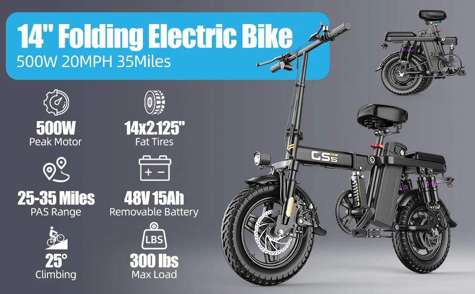 UPlee GS5 500W Peak Motor Electric Bike 48V15AH Removable Battery Electric Bicycle 14Inch Folding Multiple Shock Absorbers E-Bike