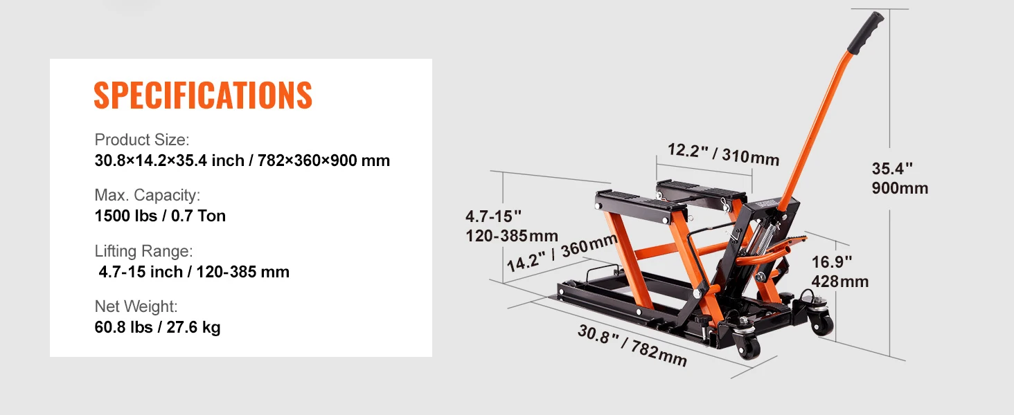 SucceBuy 1500 LBS Steel Hydraulic Motorcycle Jack Stand ATV Scissor Lift Jack Scissor Lift Jack Stand with 4 Wheels for ATV UTVs