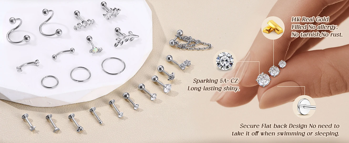 22Pcs 16G Cartilage Earrings for Women-Surgical Stainless Steel Earring Set Flat Back Earrings Nose Studs Helix Piercing Jewelry