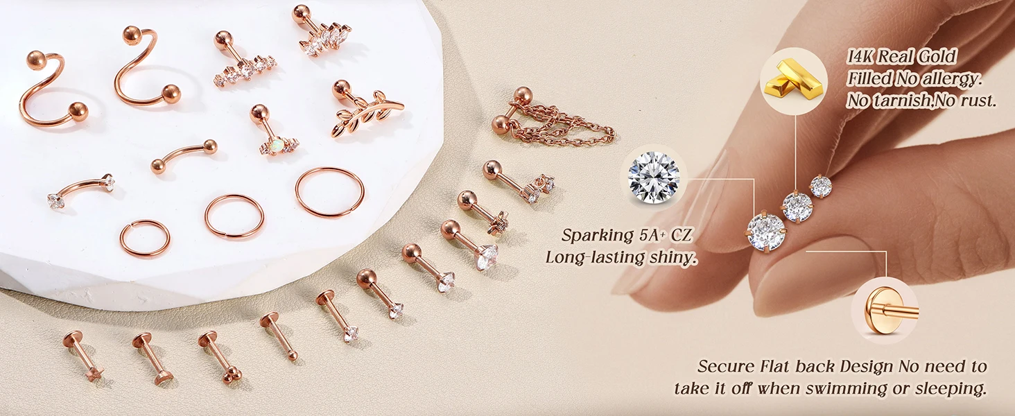 22Pcs 16G Cartilage Earrings for Women-Surgical Stainless Steel Earring Set Flat Back Earrings Nose Studs Helix Piercing Jewelry