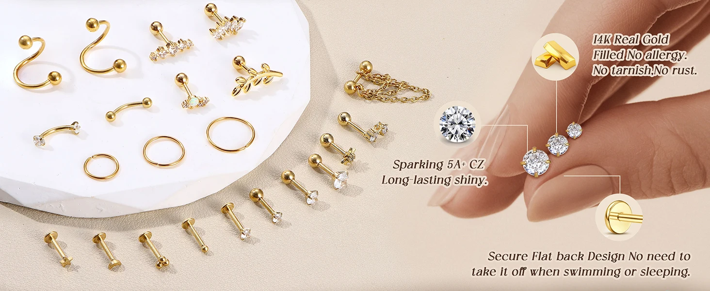 22Pcs 16G Cartilage Earrings for Women-Surgical Stainless Steel Earring Set Flat Back Earrings Nose Studs Helix Piercing Jewelry
