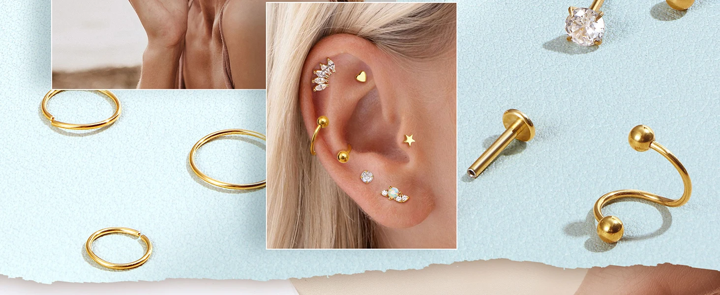 22Pcs 16G Cartilage Earrings for Women-Surgical Stainless Steel Earring Set Flat Back Earrings Nose Studs Helix Piercing Jewelry