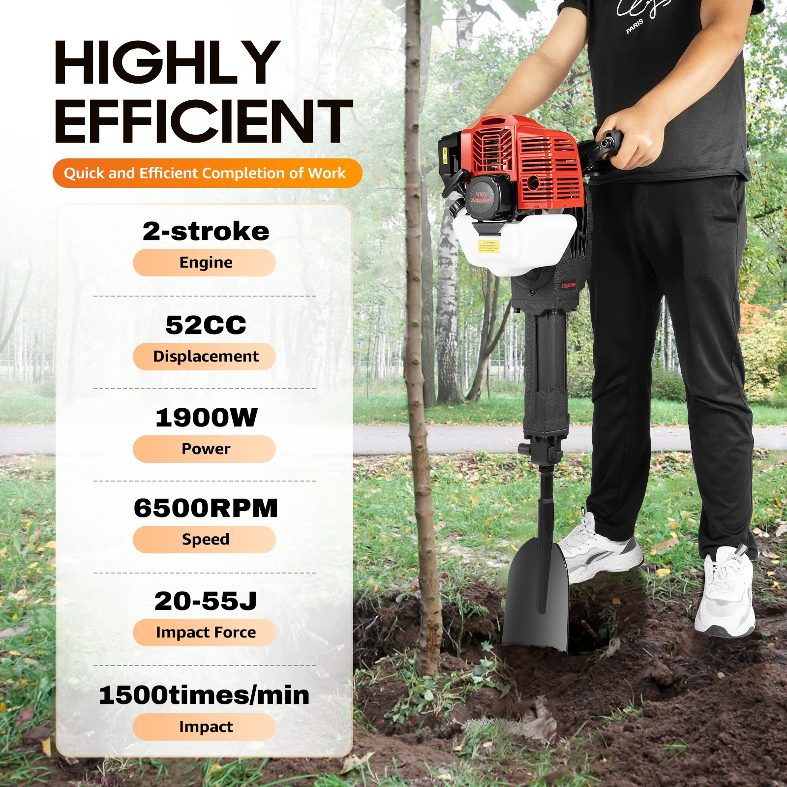 52cc Gas Powered Portable Garden Tree Digger 1900W 2-Stroke Tree Digging Machine Tree Excavator for Digging Root Cutting