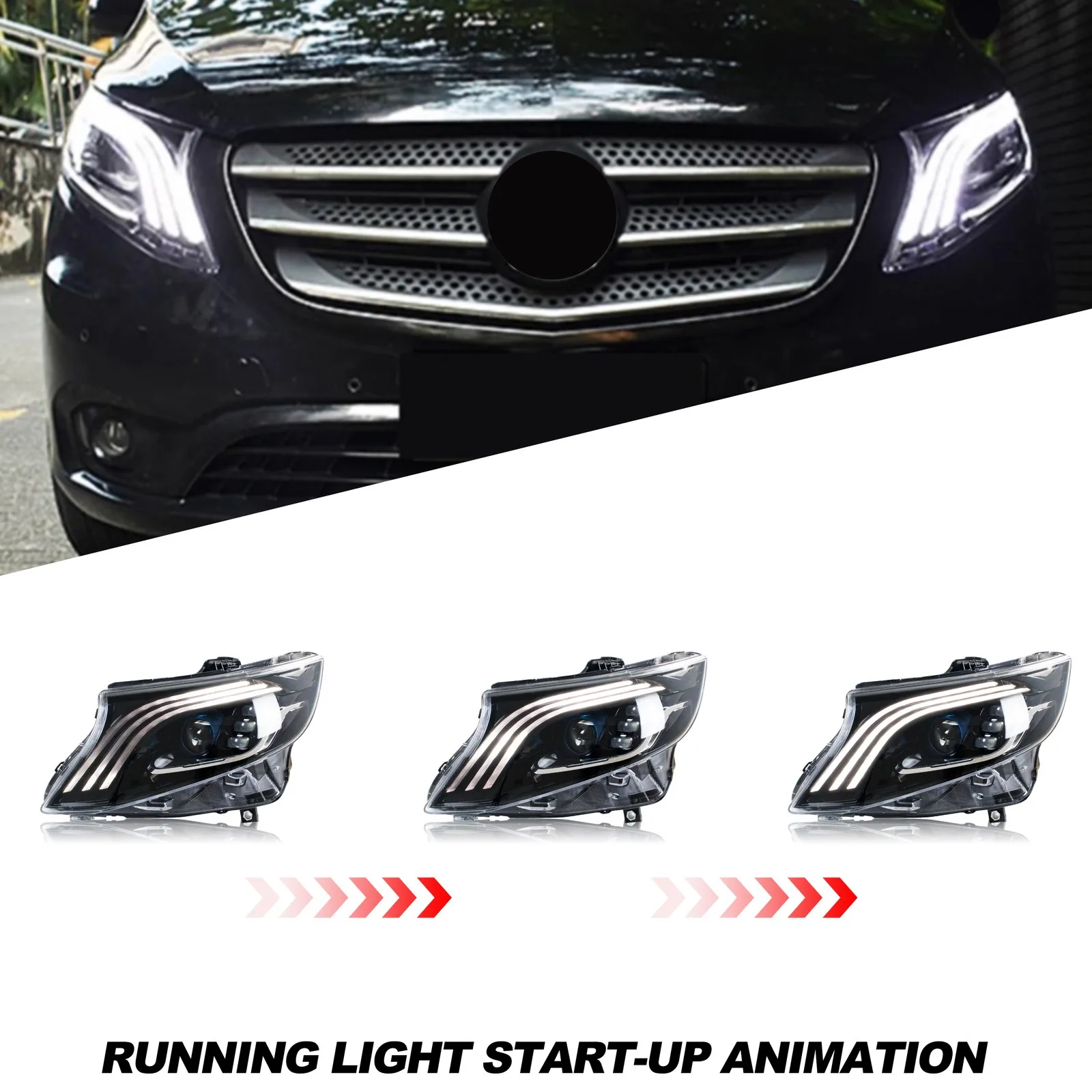 LED Headlights for Mercedes Benz Vito Metris 2016-2023 Sequential Turn Signal Projector Front Lamps Pair Assembly