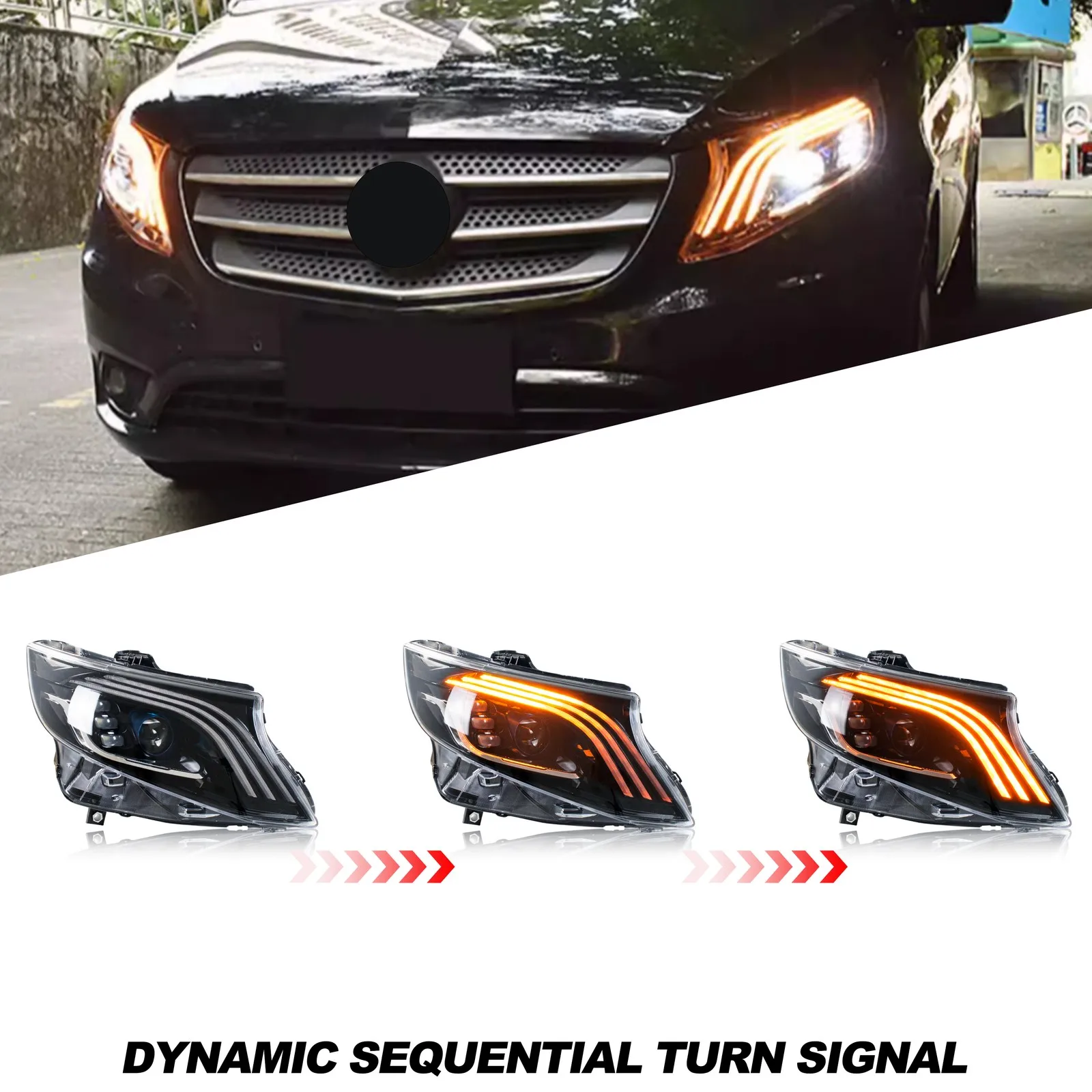 LED Headlights for Mercedes Benz Vito Metris 2016-2023 Sequential Turn Signal Projector Front Lamps Pair Assembly