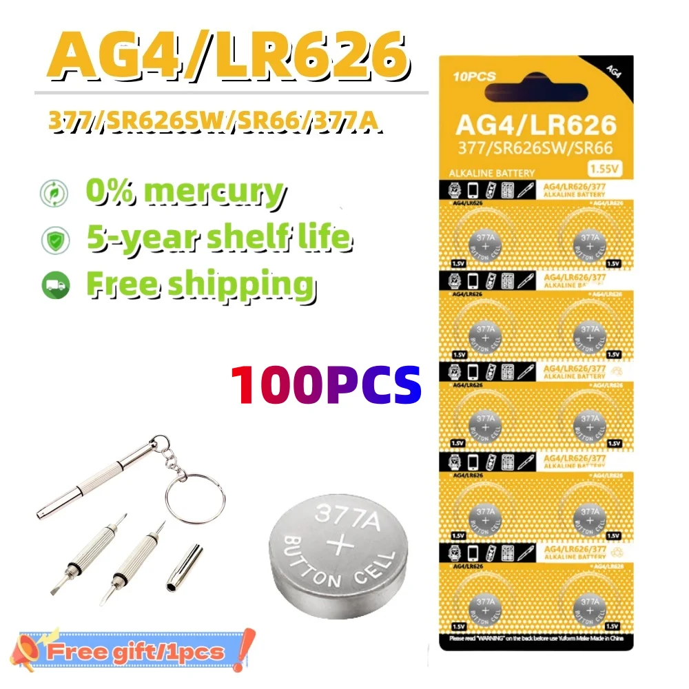 50-100PCS AG4 LR626 Alkaline Watch Battery 377 SR626 177 626A 377A CX66W For Toy Calculator Car Key Clock Button Cell