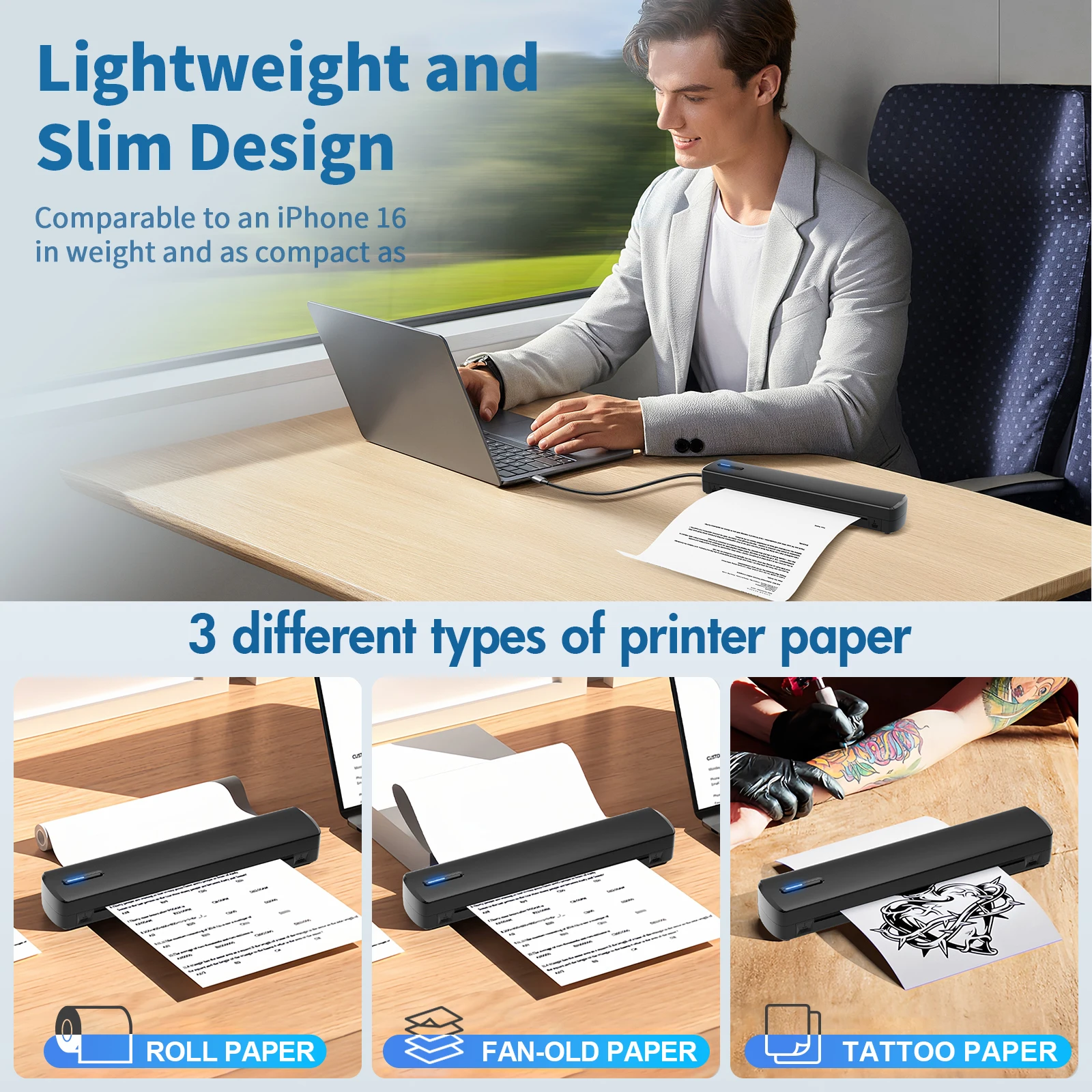 Portable Printer Wireless A4 C80 300DPI Inkless Thermal BT USB Connect Lightweight 1500mAn For Android IOS for Travel Work Home