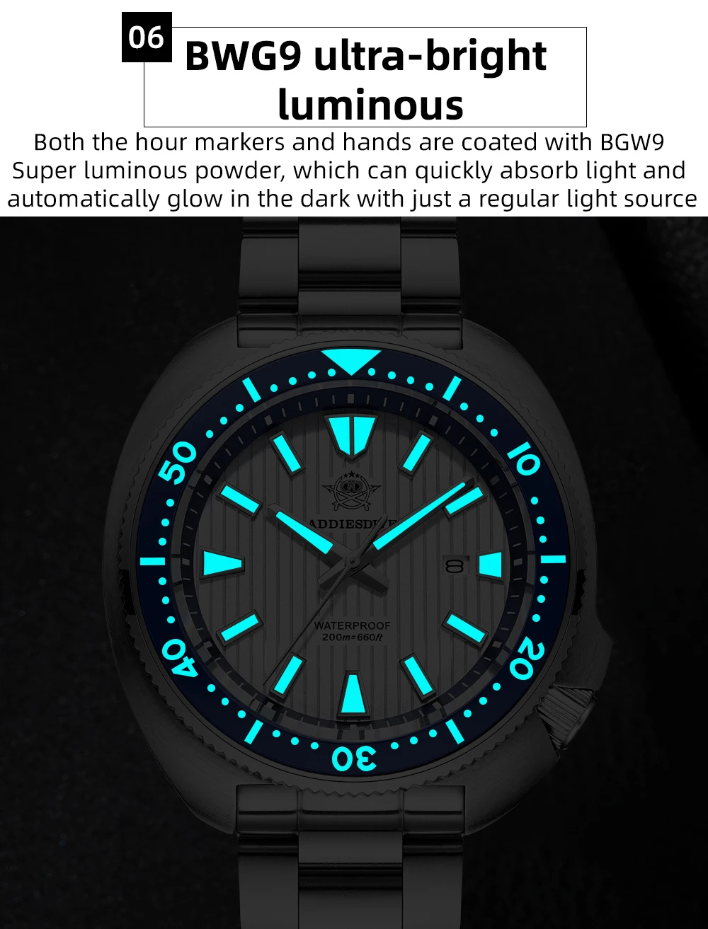 ADDIESDIVE Hot Men's Business Quartz Watch 200m Waterproof Ceramic Bezel BGW9 Super Luminous Luxury Men's Stainless Steel Watch