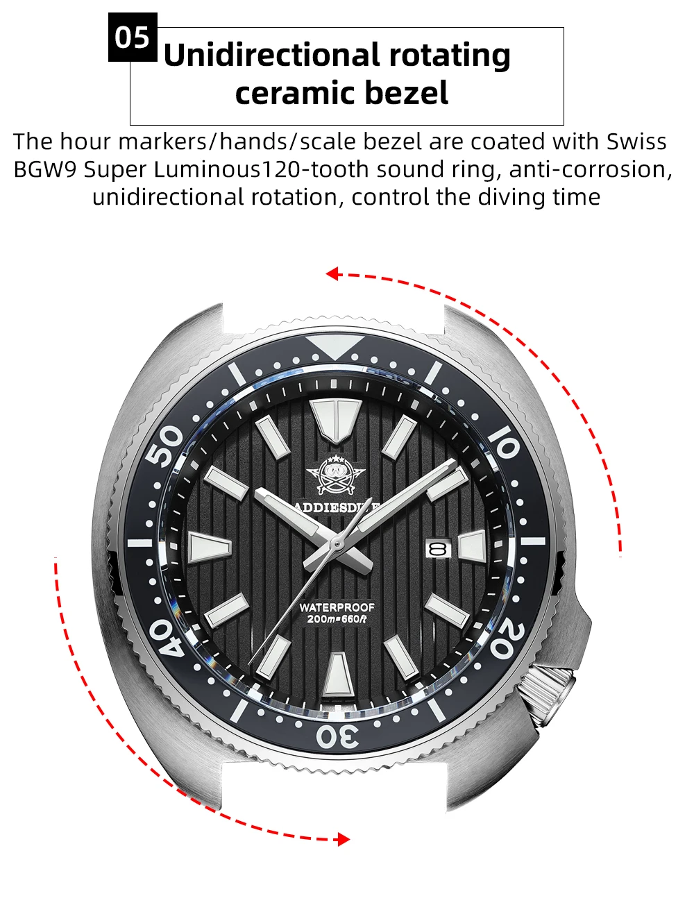 ADDIESDIVE Hot Men's Business Quartz Watch 200m Waterproof Ceramic Bezel BGW9 Super Luminous Luxury Men's Stainless Steel Watch
